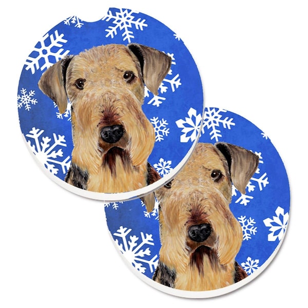 Carolines Treasures Airedale Winter Snowflakes Holiday Set of 2 Cup Holder Car Coaster SC9373CARC - main